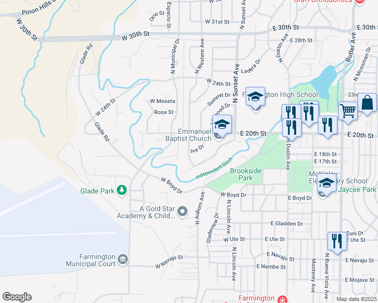 map of restaurants, bars, coffee shops, grocery stores, and more near 501 Iva Drive in Farmington