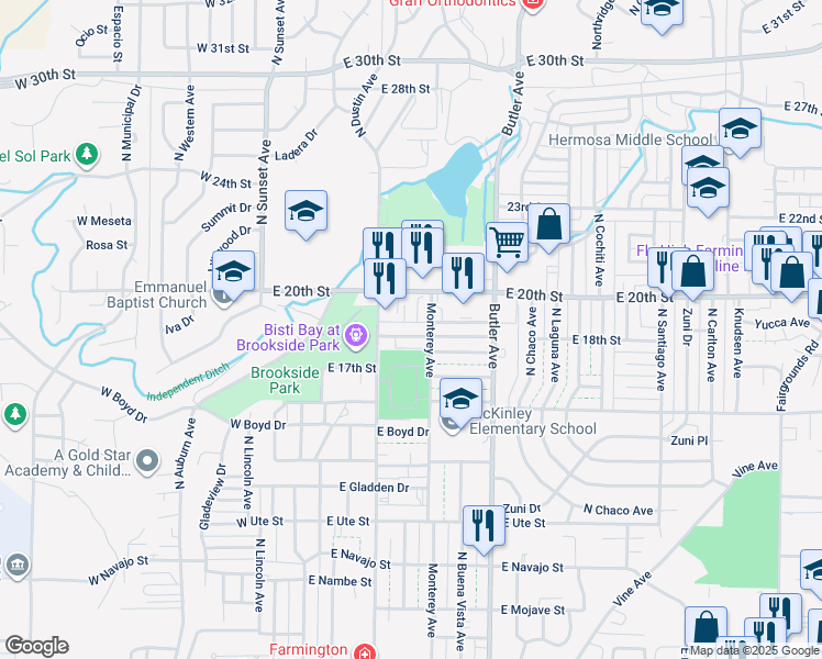 map of restaurants, bars, coffee shops, grocery stores, and more near 401 East 18th Street in Farmington