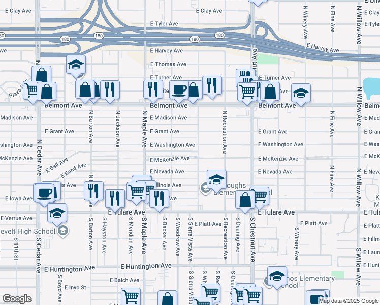 map of restaurants, bars, coffee shops, grocery stores, and more near 4679 East McKenzie Avenue in Fresno
