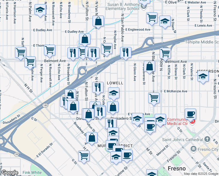 map of restaurants, bars, coffee shops, grocery stores, and more near 280 North College Avenue in Fresno