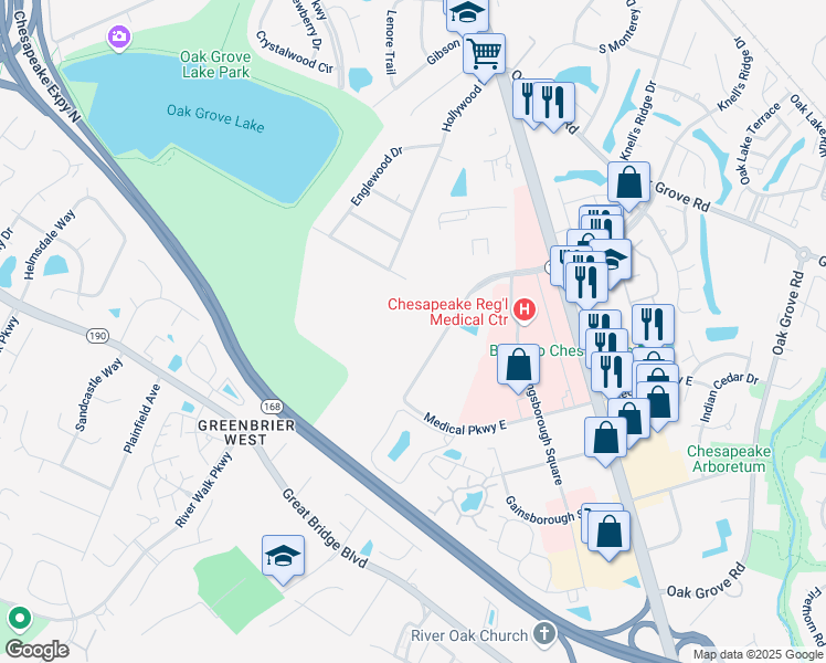 map of restaurants, bars, coffee shops, grocery stores, and more near 40 Knell's Ridge Boulevard in Chesapeake