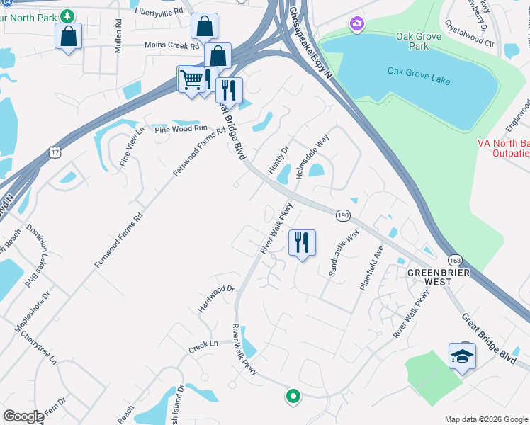 map of restaurants, bars, coffee shops, grocery stores, and more near 1001 River Walk Parkway in Chesapeake