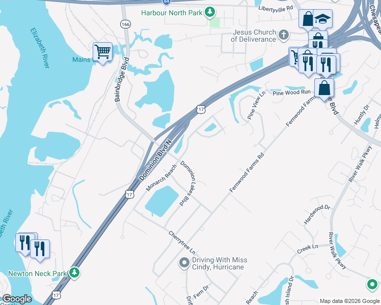 map of restaurants, bars, coffee shops, grocery stores, and more near 1405 Monarch Reach in Chesapeake