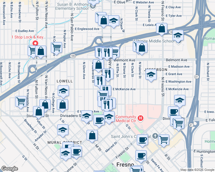 map of restaurants, bars, coffee shops, grocery stores, and more near 311 North Abby Street in Fresno