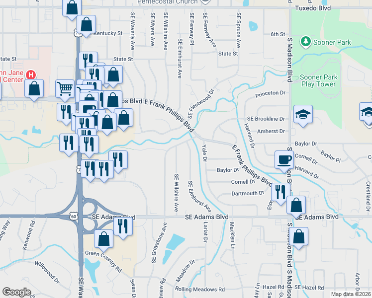 map of restaurants, bars, coffee shops, grocery stores, and more near 508 Southeast Wilshire Avenue in Bartlesville