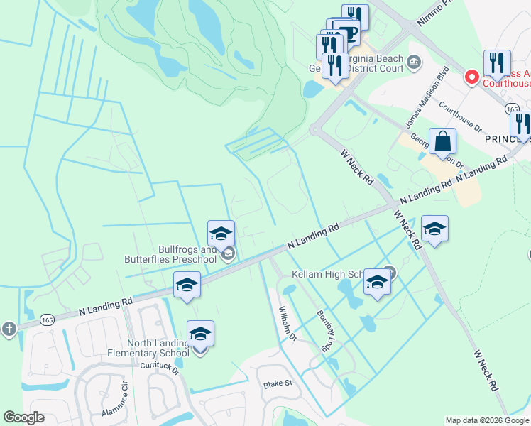 map of restaurants, bars, coffee shops, grocery stores, and more near 2368 Rod Pocceschi Way in Virginia Beach