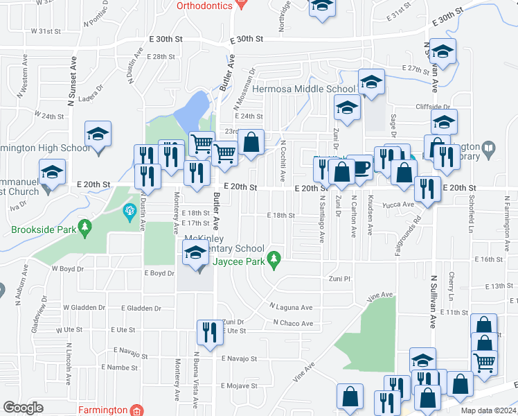 map of restaurants, bars, coffee shops, grocery stores, and more near 1802 North Laguna Avenue in Farmington