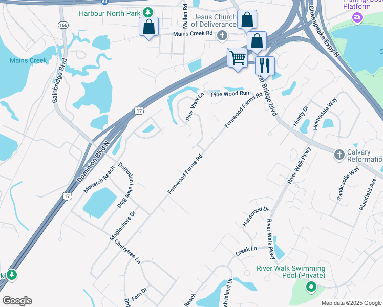 map of restaurants, bars, coffee shops, grocery stores, and more near 405 Cobblewood Bend in Chesapeake