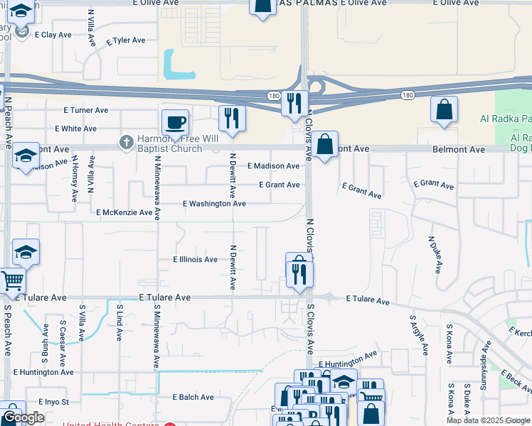 map of restaurants, bars, coffee shops, grocery stores, and more near 5542 East Washington Avenue in Fresno