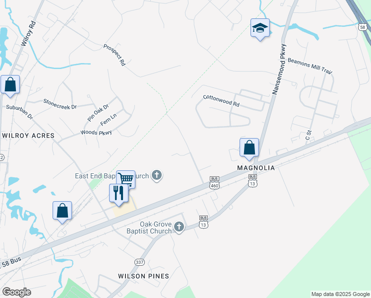 map of restaurants, bars, coffee shops, grocery stores, and more near 223 Prospect Road in Suffolk