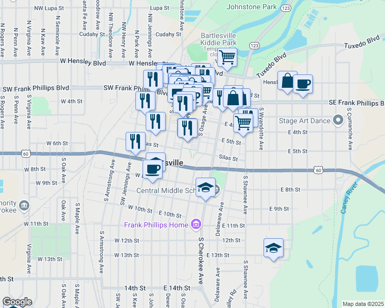 map of restaurants, bars, coffee shops, grocery stores, and more near 300 Southeast Adams Boulevard in Bartlesville
