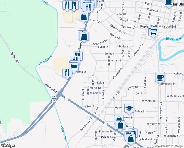 map of restaurants, bars, coffee shops, grocery stores, and more near 1101 South 11th Street in Poplar Bluff