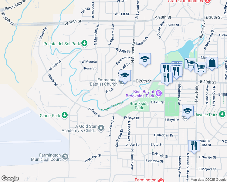 map of restaurants, bars, coffee shops, grocery stores, and more near 501 Iva Drive in Farmington