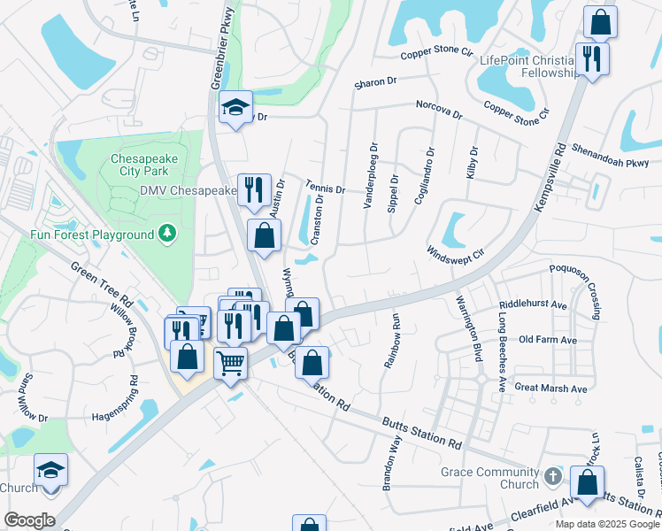 map of restaurants, bars, coffee shops, grocery stores, and more near 916 Sharon Drive in Chesapeake