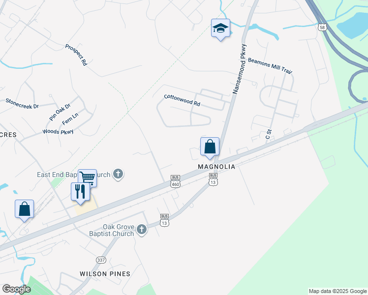 map of restaurants, bars, coffee shops, grocery stores, and more near 1140 Portsmouth Boulevard in Suffolk