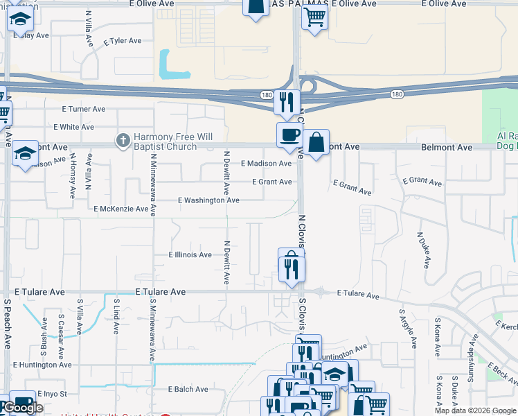 map of restaurants, bars, coffee shops, grocery stores, and more near 5542 East Washington Avenue in Fresno