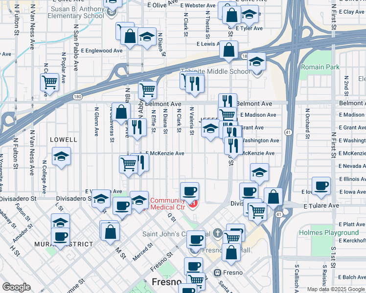map of restaurants, bars, coffee shops, grocery stores, and more near 308 North Clark Street in Fresno