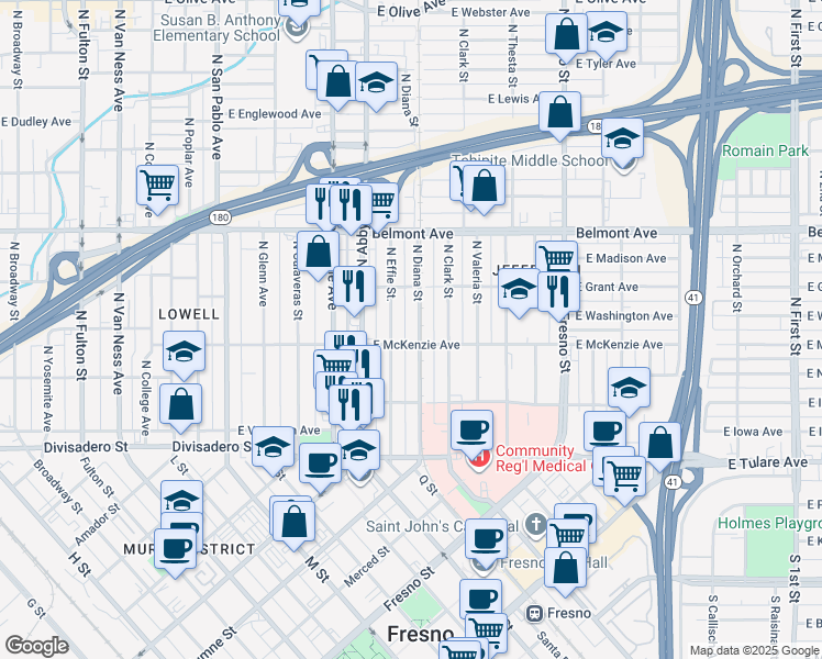 map of restaurants, bars, coffee shops, grocery stores, and more near 1951 East MC Kenzie in Fresno