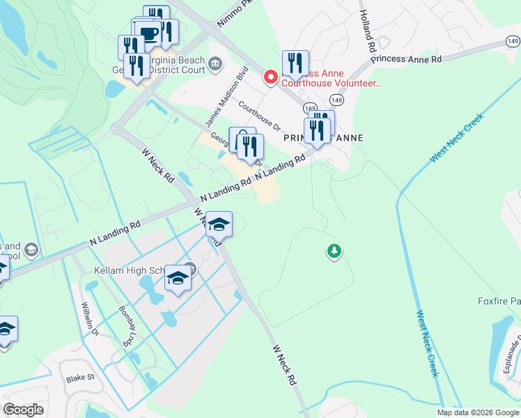 map of restaurants, bars, coffee shops, grocery stores, and more near 2660 West Neck Road in Virginia Beach
