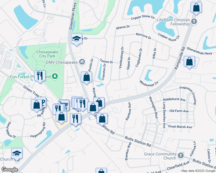map of restaurants, bars, coffee shops, grocery stores, and more near 916 Sharon Drive in Chesapeake