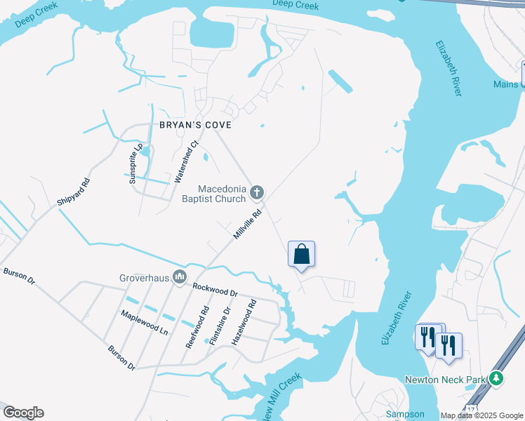 map of restaurants, bars, coffee shops, grocery stores, and more near 1801 Millville Road in Chesapeake