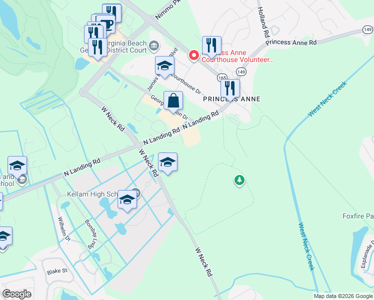 map of restaurants, bars, coffee shops, grocery stores, and more near 2660 West Neck Road in Virginia Beach