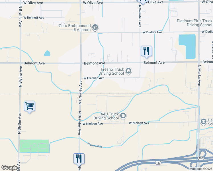 map of restaurants, bars, coffee shops, grocery stores, and more near 3661 West Franklin Avenue in Fresno