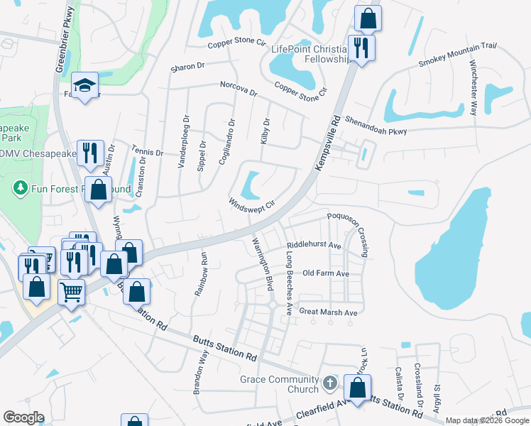 map of restaurants, bars, coffee shops, grocery stores, and more near 1240 Windswept Circle in Chesapeake