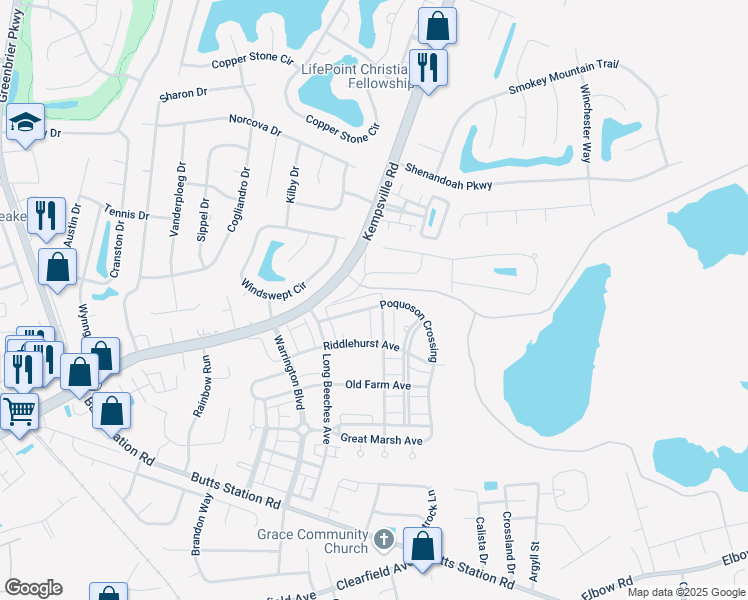 map of restaurants, bars, coffee shops, grocery stores, and more near 820 Poquoson Crossing in Chesapeake