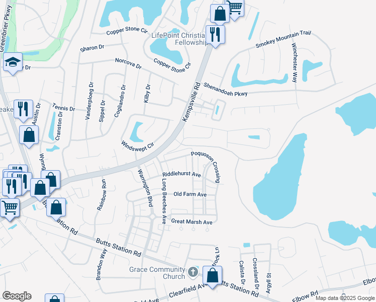 map of restaurants, bars, coffee shops, grocery stores, and more near 820 Poquoson Crossing in Chesapeake