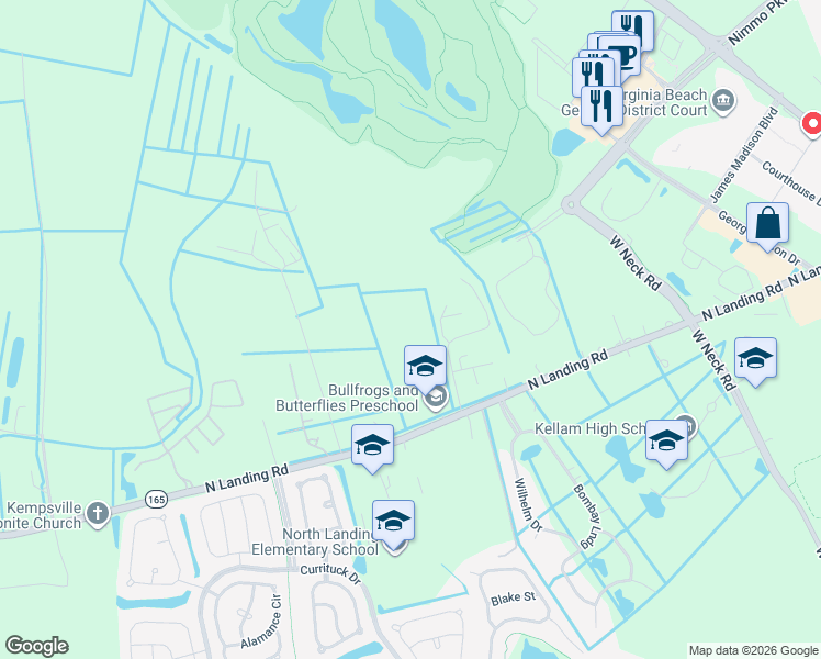 map of restaurants, bars, coffee shops, grocery stores, and more near 2824 North Landing Road in Virginia Beach