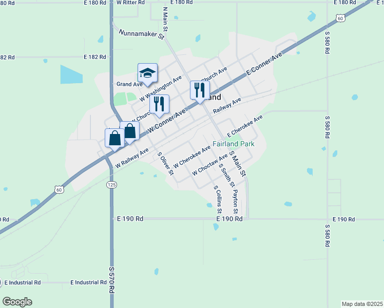map of restaurants, bars, coffee shops, grocery stores, and more near 202 West Cherokee Avenue in Fairland