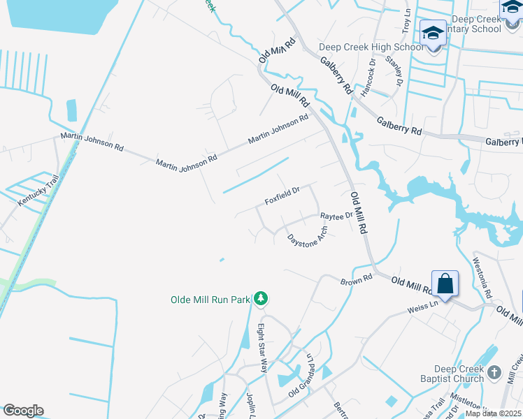 map of restaurants, bars, coffee shops, grocery stores, and more near 3445 Foxfield Drive in Chesapeake