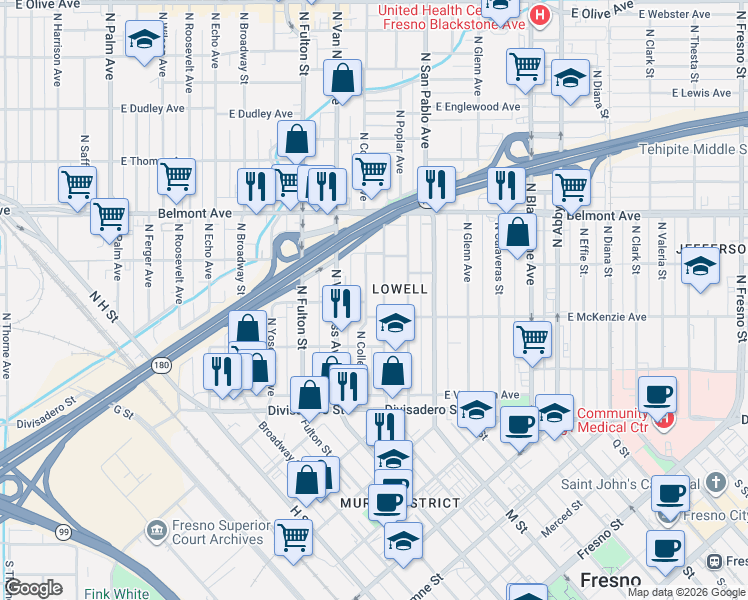map of restaurants, bars, coffee shops, grocery stores, and more near 280 North College Avenue in Fresno