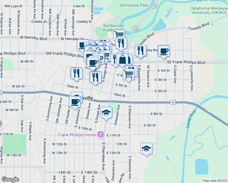 map of restaurants, bars, coffee shops, grocery stores, and more near 420 Silas Street in Bartlesville