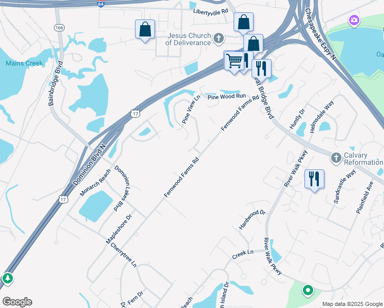 map of restaurants, bars, coffee shops, grocery stores, and more near 413 Cobblewood Bend in Chesapeake