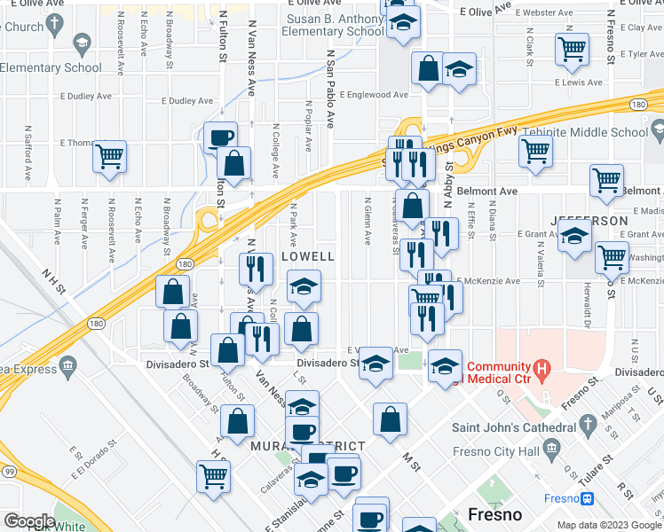 map of restaurants, bars, coffee shops, grocery stores, and more near 337 North San Pablo Avenue in Fresno