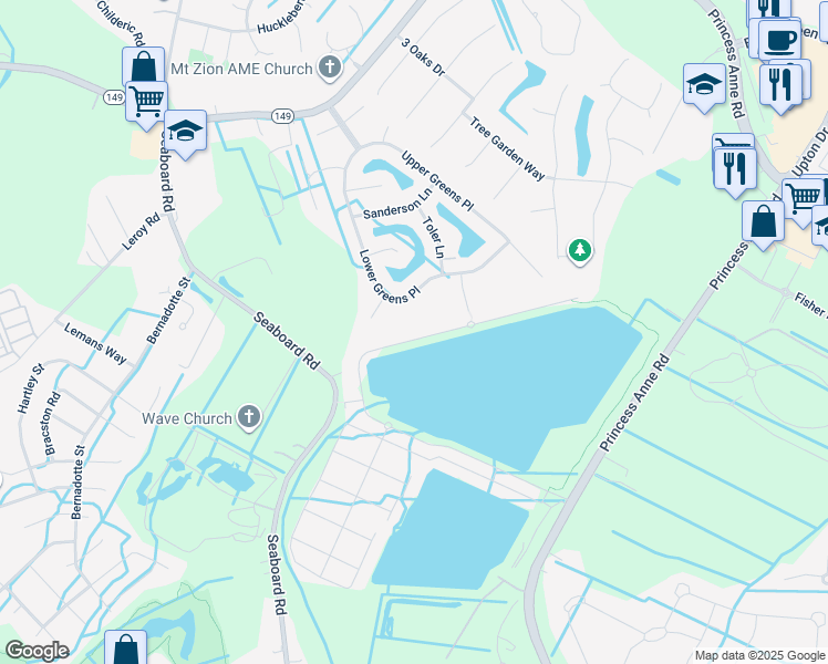 map of restaurants, bars, coffee shops, grocery stores, and more near 2325 Locksley Arch in Virginia Beach