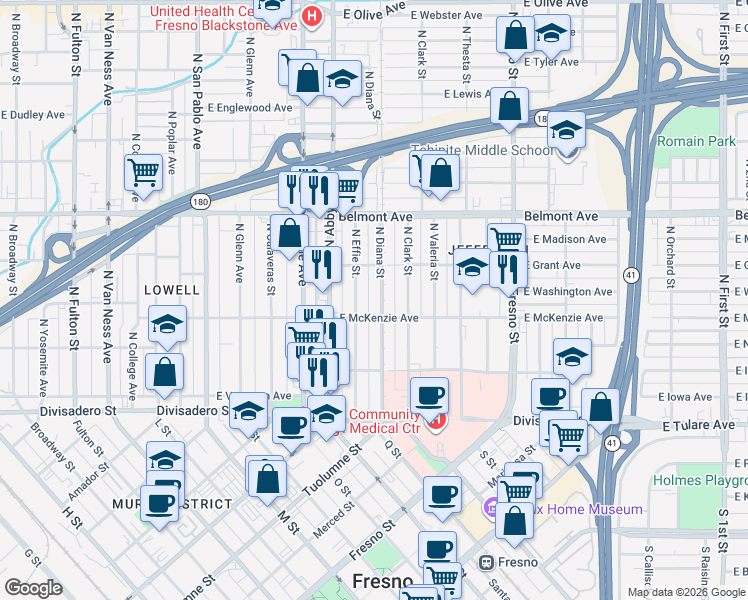 map of restaurants, bars, coffee shops, grocery stores, and more near 329 North Diana Street in Fresno