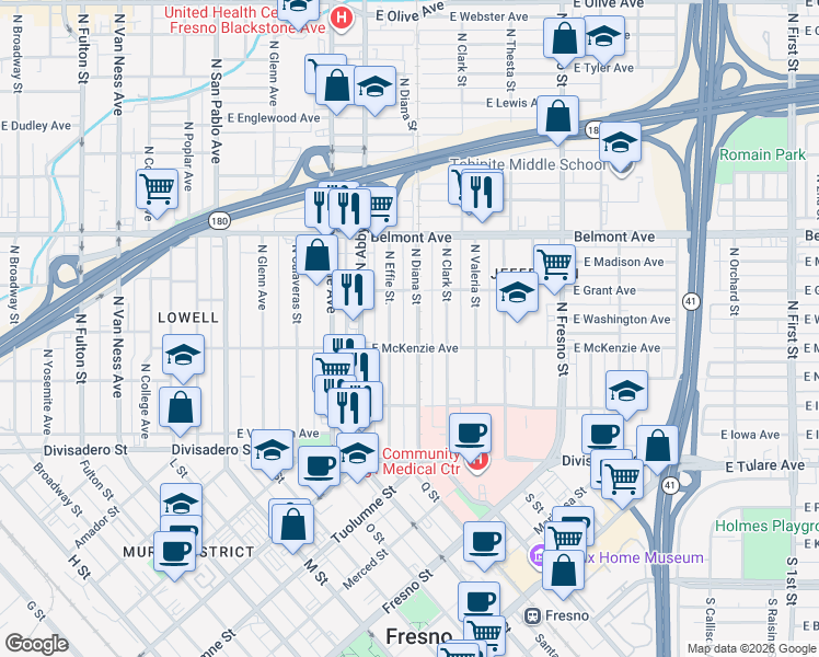 map of restaurants, bars, coffee shops, grocery stores, and more near 1951 East MC Kenzie in Fresno