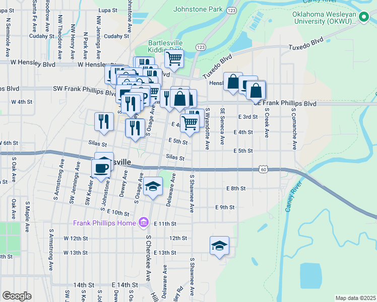 map of restaurants, bars, coffee shops, grocery stores, and more near 520 Silas Street in Bartlesville