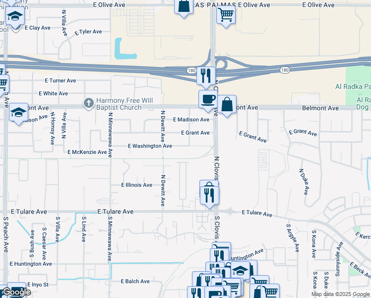 map of restaurants, bars, coffee shops, grocery stores, and more near 5542 East Washington Avenue in Fresno