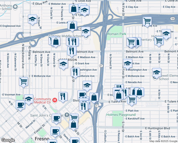 map of restaurants, bars, coffee shops, grocery stores, and more near 2726 East Washington Avenue in Fresno
