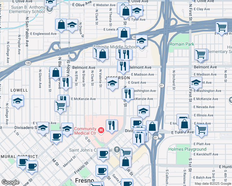 map of restaurants, bars, coffee shops, grocery stores, and more near 2323 East McKenzie Avenue in Fresno