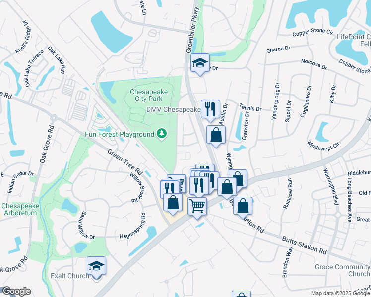 map of restaurants, bars, coffee shops, grocery stores, and more near 707 Gulfwind Road in Chesapeake