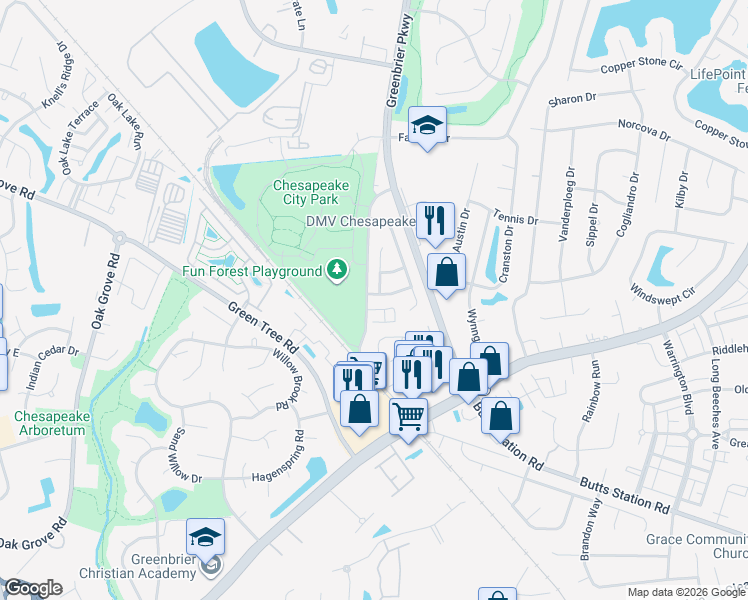 map of restaurants, bars, coffee shops, grocery stores, and more near 140 Springer Lane in Chesapeake