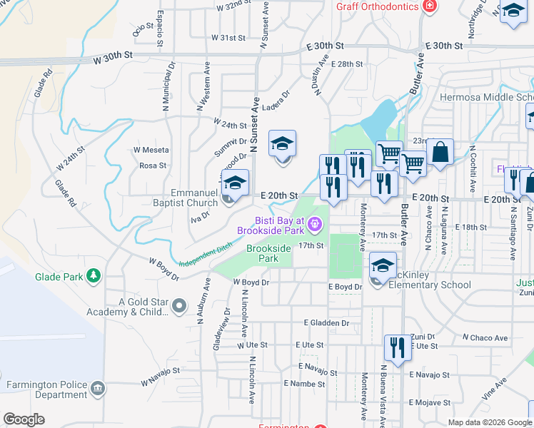 map of restaurants, bars, coffee shops, grocery stores, and more near 1804 Brookside Drive in Farmington
