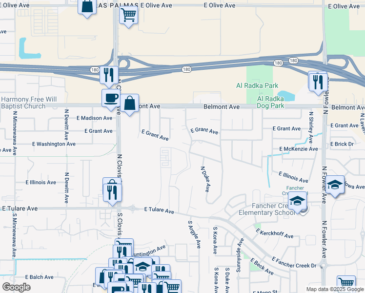 map of restaurants, bars, coffee shops, grocery stores, and more near 280 North Manila Avenue in Fresno