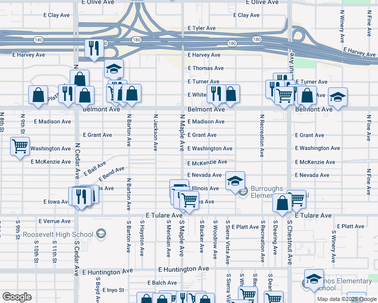 map of restaurants, bars, coffee shops, grocery stores, and more near 4609 East McKenzie Avenue in Fresno