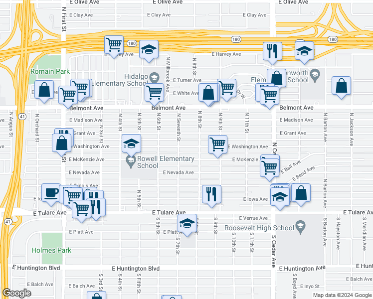 map of restaurants, bars, coffee shops, grocery stores, and more near 3747 East McKenzie Avenue in Fresno